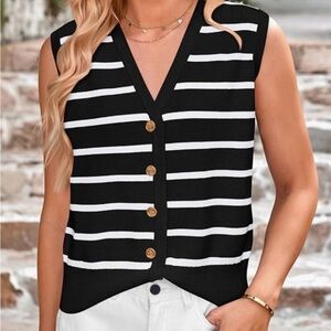 Black and White Striped Button-Up Vest